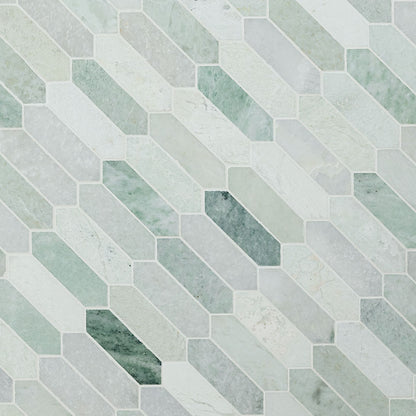 12x12 Iceland Picket Mosaic Natural-Look Polished Smooth Marble Tile White Green