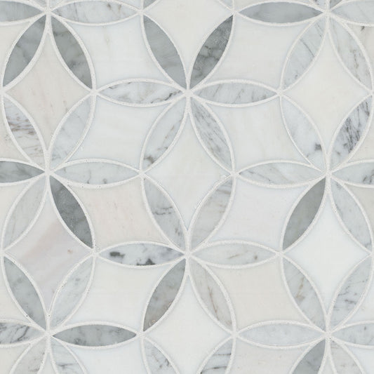 12x12 La Fleur Circle Lattice Mosaic Natural-Look Polished Smooth Marble Tile White Gray