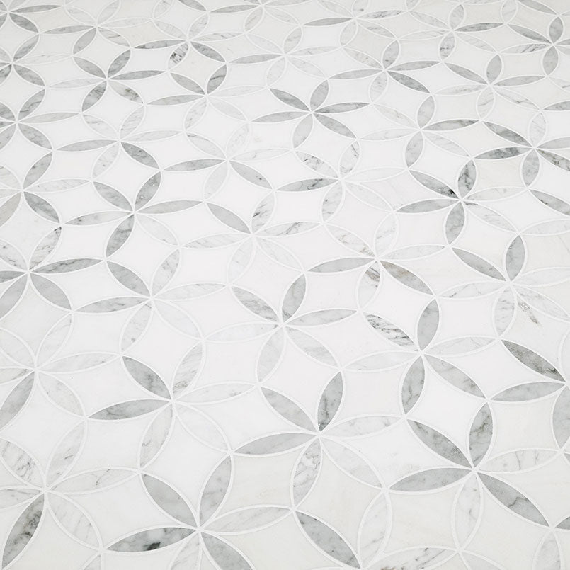 12x12 La Fleur Circle Lattice Mosaic Natural-Look Polished Smooth Marble Tile White Gray