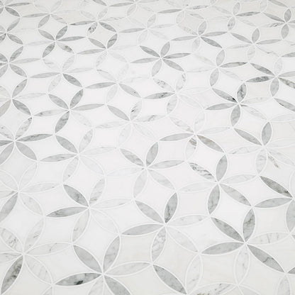 12x12 La Fleur Circle Lattice Mosaic Natural-Look Polished Smooth Marble Tile White Gray