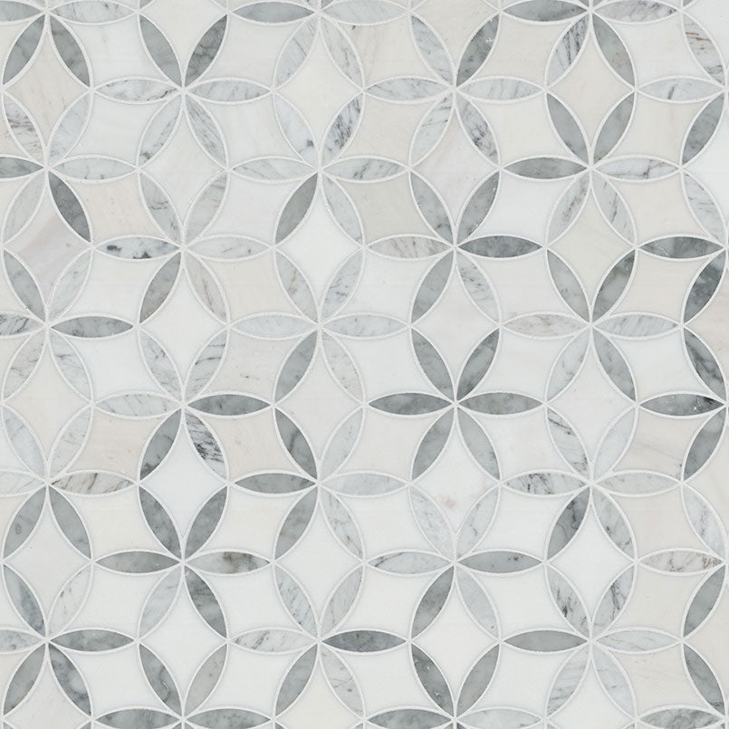 12x12 La Fleur Circle Lattice Mosaic Natural-Look Polished Smooth Marble Tile White Gray