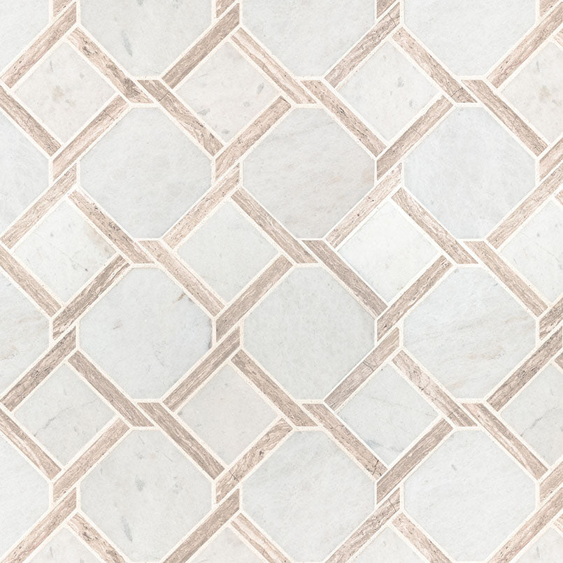 12x12 Marbella Octagon Mosaic Natural-Look Polished Smooth Marble Tile Beige White