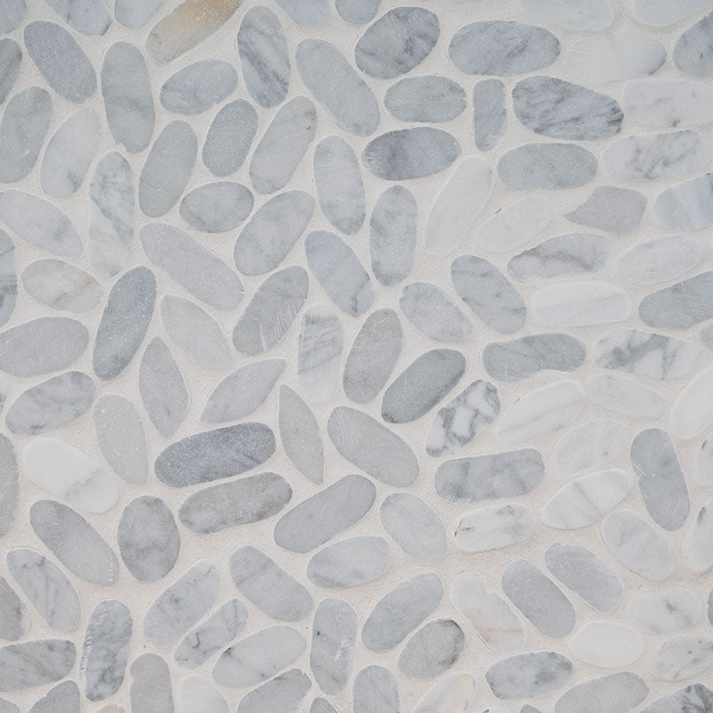 12x12 Rio Lago Oval Mosaic Pebble-Look Tumbled Smooth Marble Tile Gray White