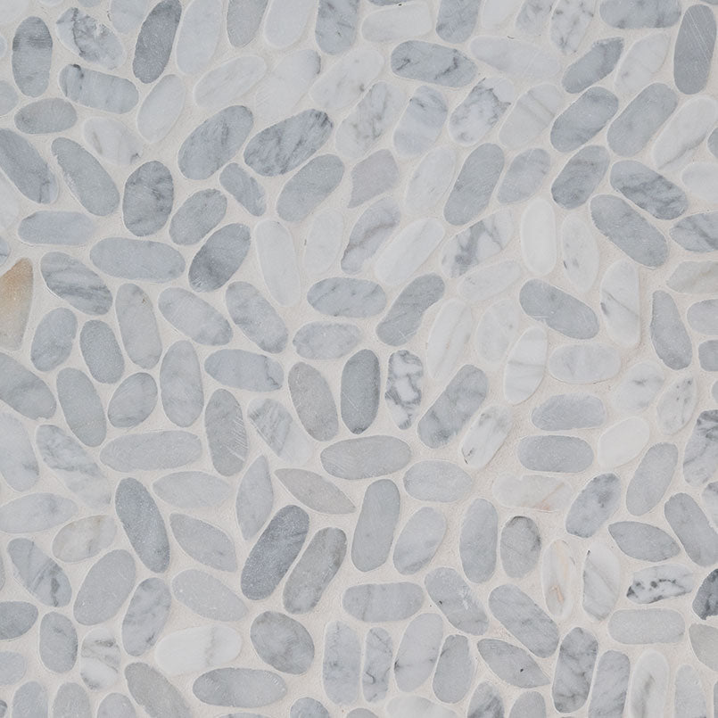 12x12 Rio Lago Oval Mosaic Pebble-Look Tumbled Smooth Marble Tile Gray White
