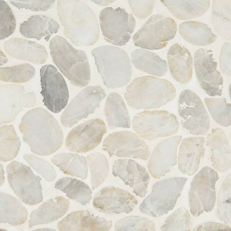12x12 Rio Lago Oval Mosaic Pebble-Look Tumbled Smooth Marble Tile Ivory Gray