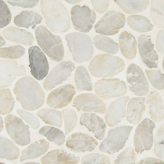12x12 Rio Lago Oval Mosaic Pebble-Look Tumbled Smooth Marble Tile Ivory Gray