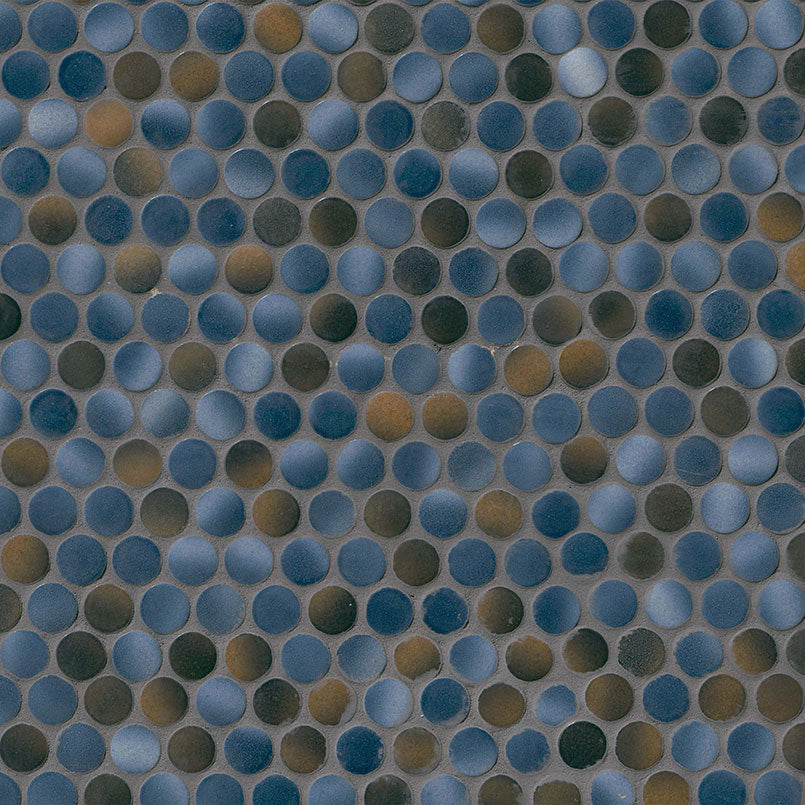 12x12 Penny Circle Penny Round Mosaic Metallic-Look Glossy Smooth Porcelain Tile Blue Brown