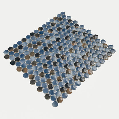 12x12 Penny Circle Penny Round Mosaic Metallic-Look Glossy Smooth Porcelain Tile Blue Brown