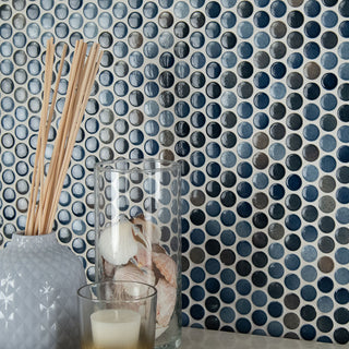 Blue Brown - 12x12 Penny Circle Penny Round Mosaic Metallic-Look Glossy Smooth Porcelain Tile