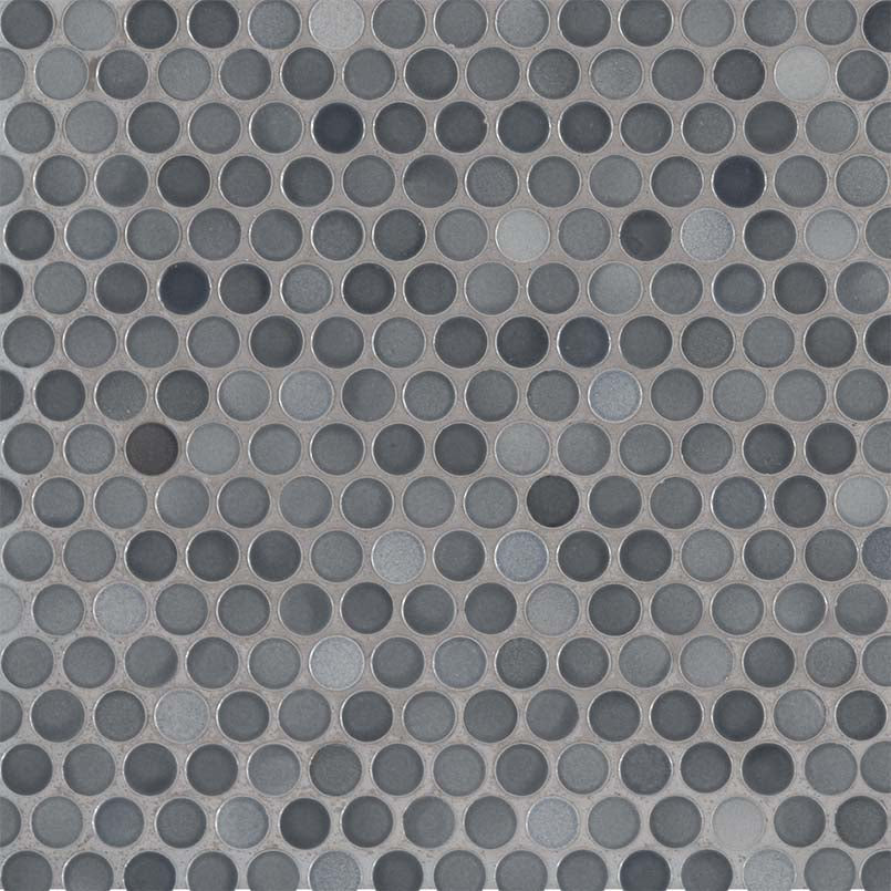 12x12 Penny Circle Penny Round Mosaic Metallic-Look Glossy Smooth Porcelain Tile Gray Charcoal