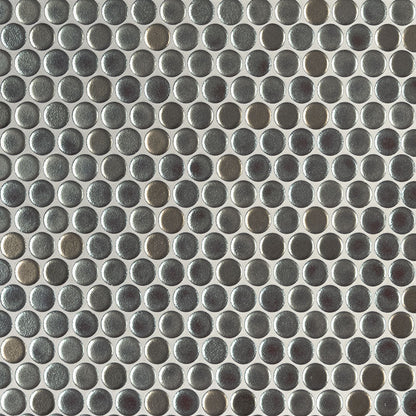 12x12 Penny Circle Penny Round Mosaic Metallic-Look Glossy Smooth Porcelain Tile Gray Brown