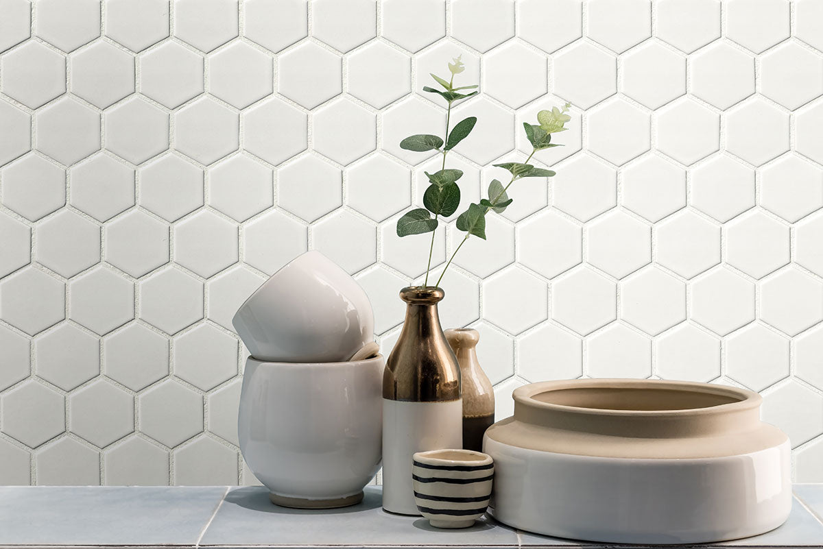 12x12 Domino Hexagon Mosaic Solid-Color Matte Smooth Porcelain Tile Pure White