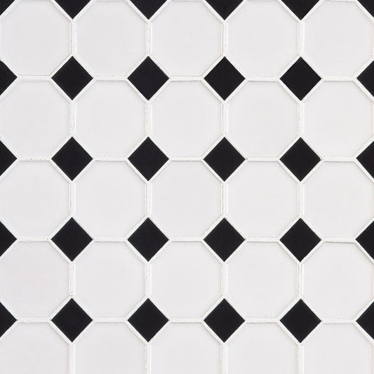 12x12 Domino Octagon Diamond Mosaic Solid-Color Glossy Smooth Porcelain Tile Black White