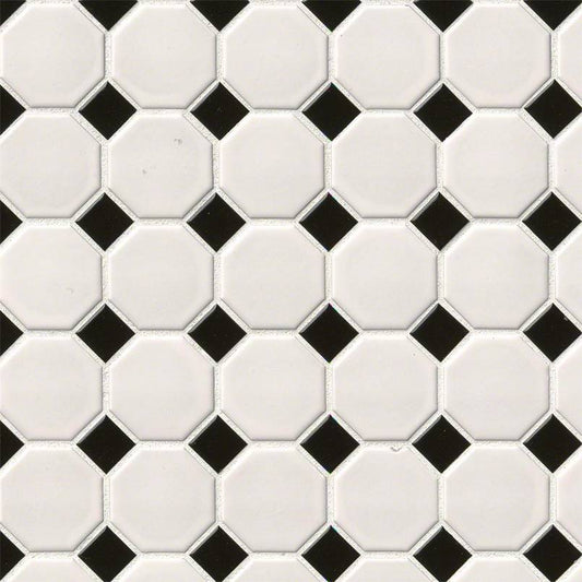 12x12 Domino Octagon Solid-Color Matte Smooth Porcelain Tile Black White