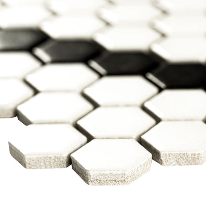 1'' Domino Hexagon Solid-Color Tumbled Smooth Porcelain Tile Black White