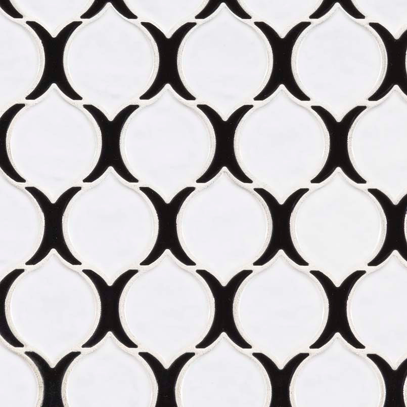 12x12 Teardrop Arabesque Mosaic Natural-Look Glossy Smooth Porcelain Tile White Black