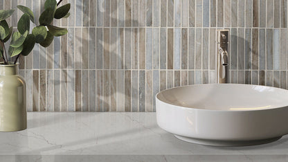 5/8 x 4 Ravello Mosaic Natural-Look Polished Smooth Marble Tile Beige Gray