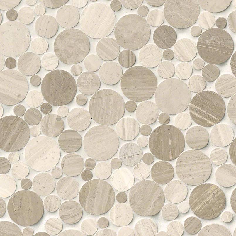 12x12 Rio Lago Circle Penny Round Mosaic Stone-Look Polished Smooth Marble Tile Taupe Beige