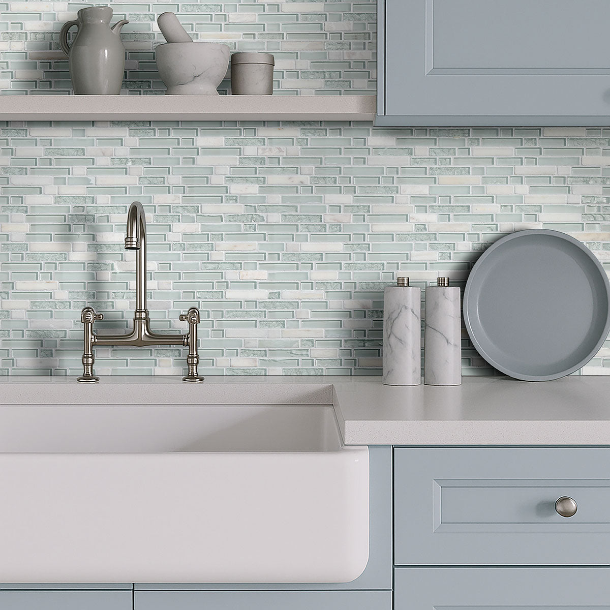 12x12 Delano Mosaic Solid-Color Glossy Textured Glass Tile White Gray