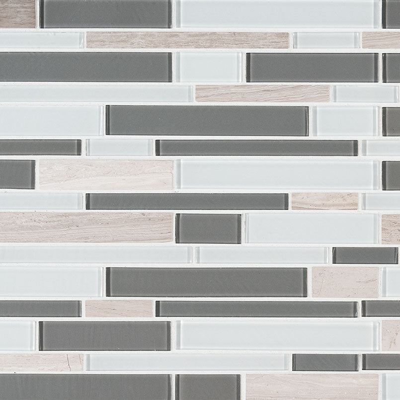 12x12 Gray Mosaic Natural-Look Glossy Smooth Porcelain & Glass Tile White Gray