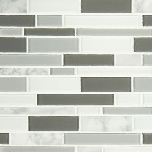 12x12 Positano Mosaic Marble-Look Glossy Smooth Porcelain & Glass Tile White Gray