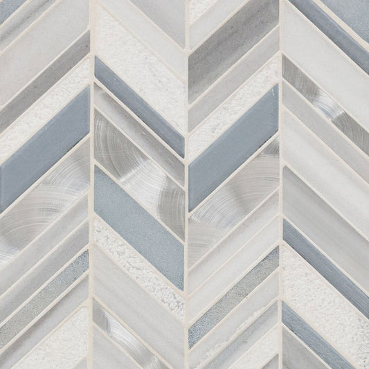 12x12 Harlow Chevron Mosaic Marble-Look Matte Textured Porcelain & Glass Tile White Silver