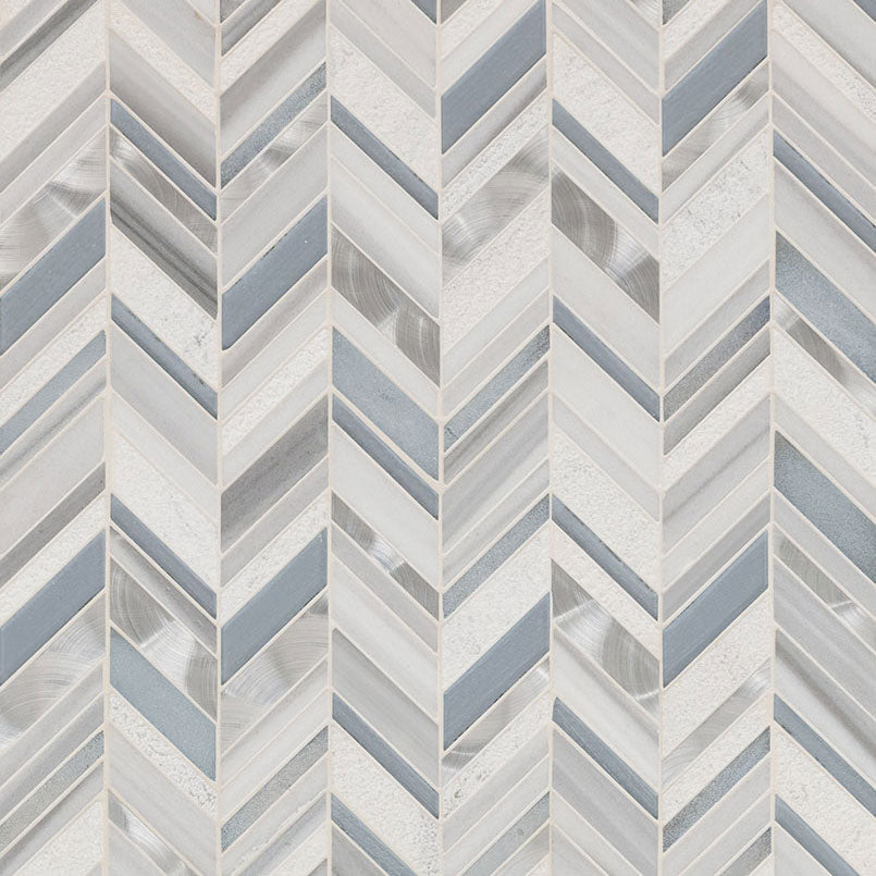12x12 Harlow Chevron Mosaic Marble-Look Matte Textured Porcelain & Glass Tile White Silver