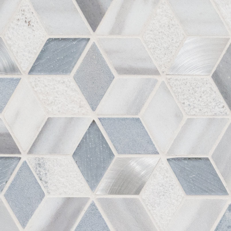 12x12 Harlow Diamond Mosaic Marble-Look Matte Textured Porcelain & Glass Tile White Silver