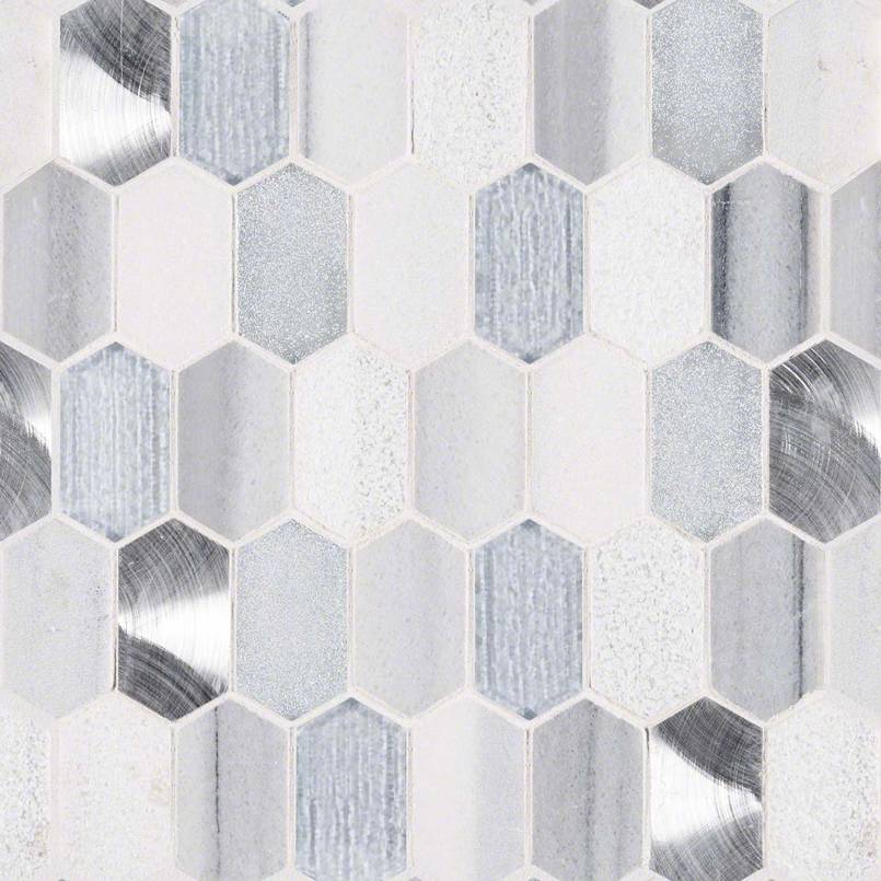 12x12 Harlow Picket Mosaic Metallic-Look Matte Textured Porcelain & Glass Tile White Silver