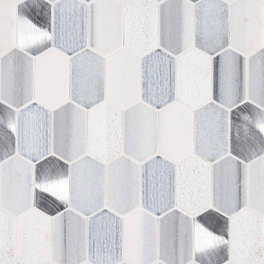12x12 Harlow Picket Mosaic Metallic-Look Matte Textured Porcelain & Glass Tile White Silver