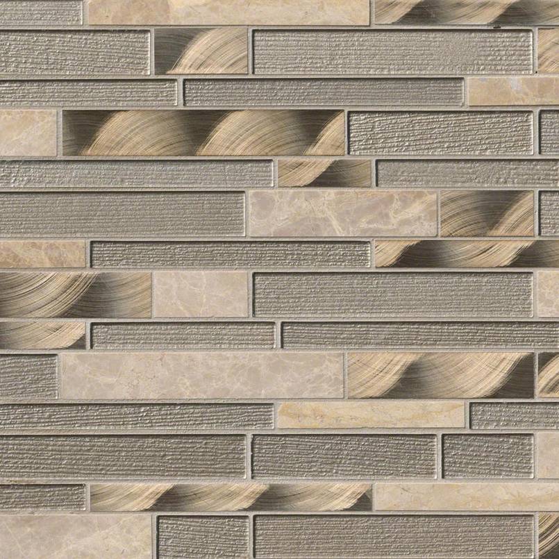 12x12 Champagne Mosaic Natural-Look Matte 3D Geometric Striated Porcelain & Glass Tile Beige Gray