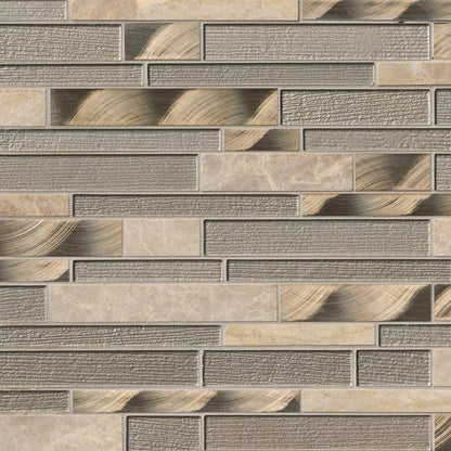 12x12 Champagne Mosaic Natural-Look Matte 3D Geometric Striated Porcelain & Glass Tile Beige Gray