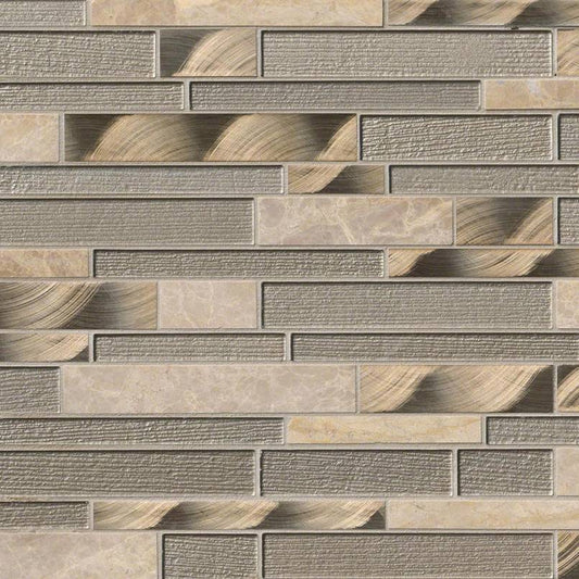 12x12 Champagne Mosaic Natural-Look Matte 3D Geometric Striated Porcelain & Glass Tile Beige Gray