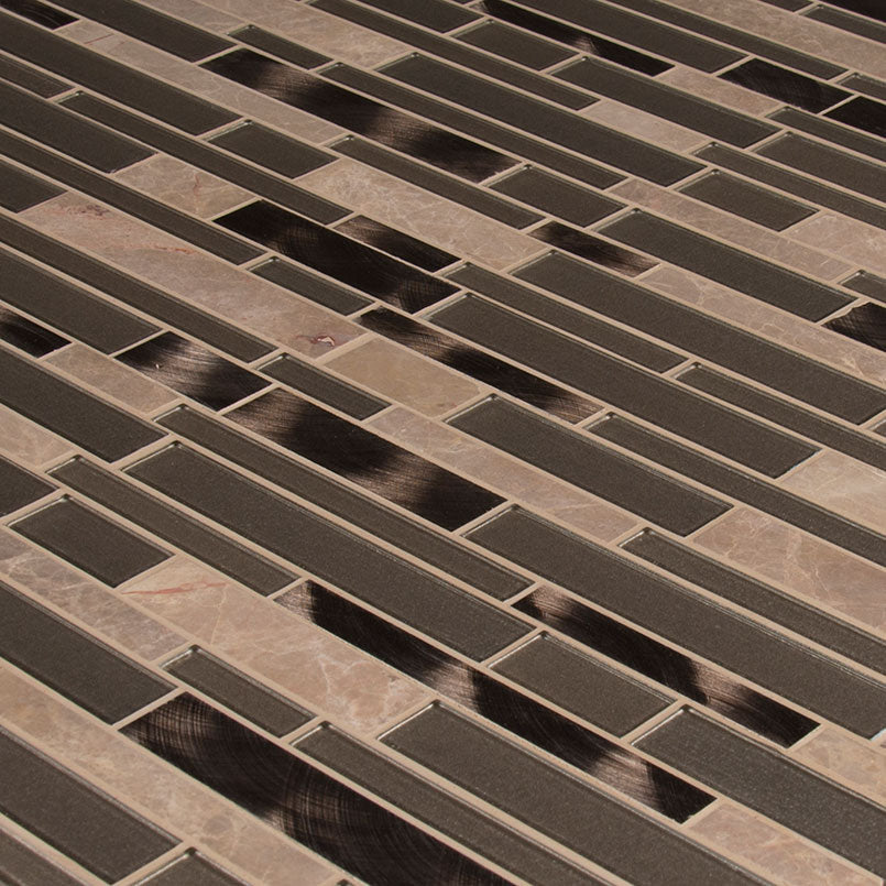 12x12 Champagne Mosaic Natural-Look Matte 3D Geometric Striated Porcelain & Glass Tile Beige Gray