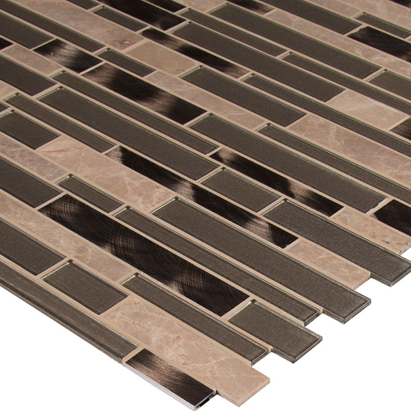 12x12 Champagne Mosaic Natural-Look Matte 3D Geometric Striated Porcelain & Glass Tile Beige Gray