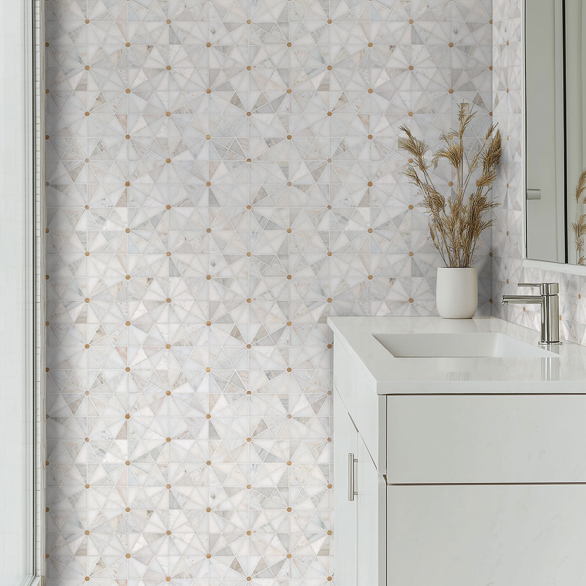 12x12 Elegant Triangle Octagon Mosaic Marble-Look Matte Smooth Porcelain Tile Beige Gray