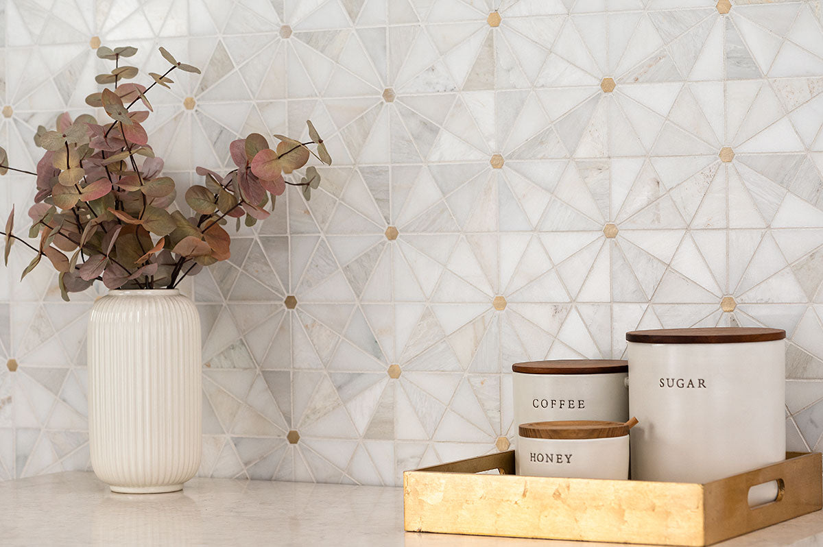 12x12 Elegant Triangle Octagon Mosaic Marble-Look Matte Smooth Porcelain Tile Beige Gray