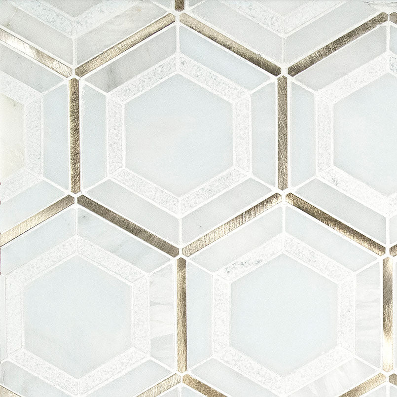 12x12 Medici Hexagon Framed Border Mosaic Metallic-Look Metallic Textured Porcelain & Metal Tile White Gold