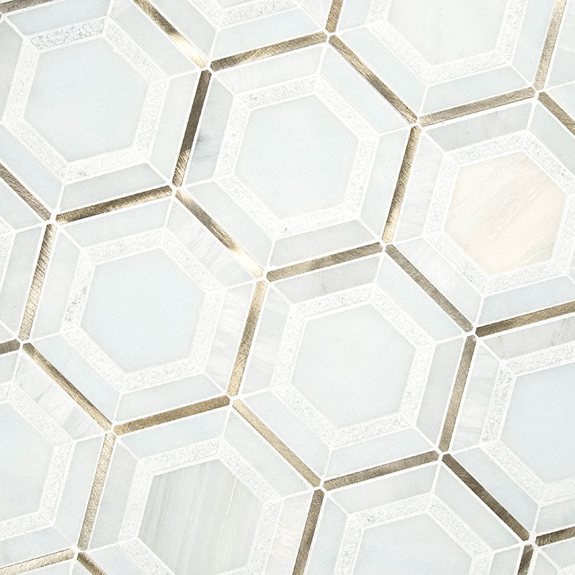 12x12 Medici Hexagon Framed Border Mosaic Metallic-Look Metallic Textured Porcelain & Metal Tile White Gold