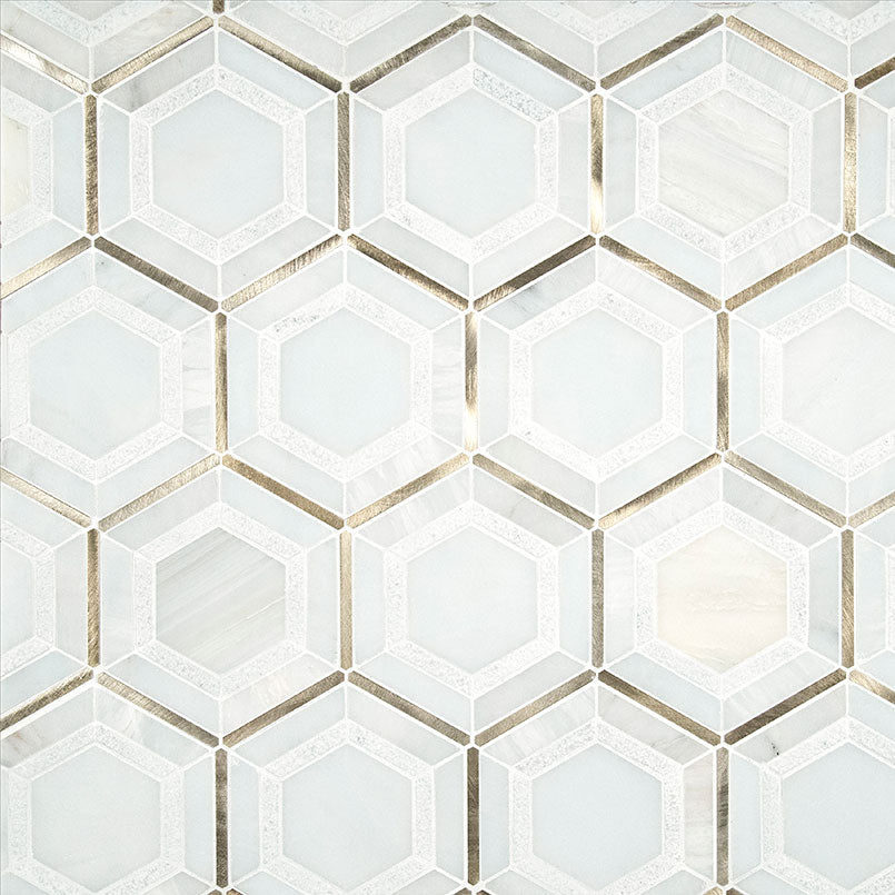 12x12 Medici Hexagon Framed Border Mosaic Metallic-Look Metallic Textured Porcelain & Metal Tile White Gold