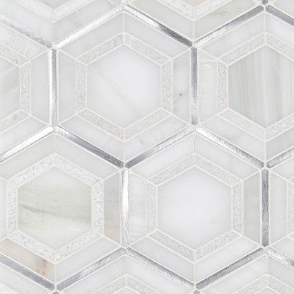 12x12 Medici Hexagon Framed Border Mosaic Metallic-Look Metallic Textured Porcelain & Metal Tile White Silver
