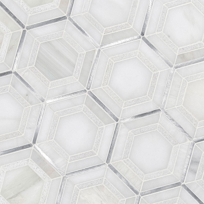 12x12 Medici Hexagon Framed Border Mosaic Metallic-Look Metallic Textured Porcelain & Metal Tile White Silver