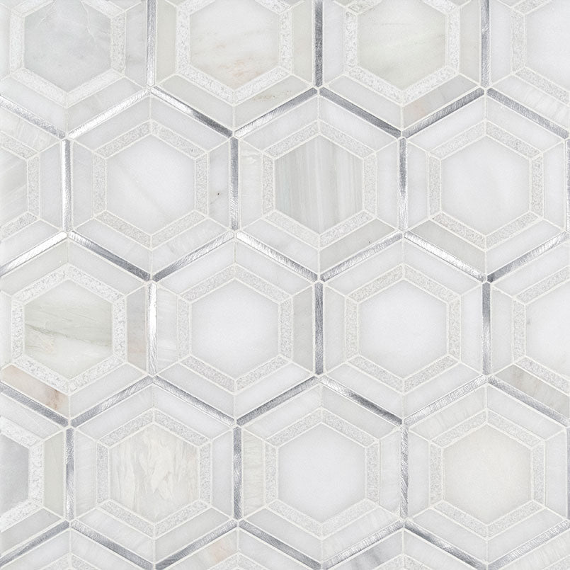 12x12 Medici Hexagon Framed Border Mosaic Metallic-Look Metallic Textured Porcelain & Metal Tile White Silver