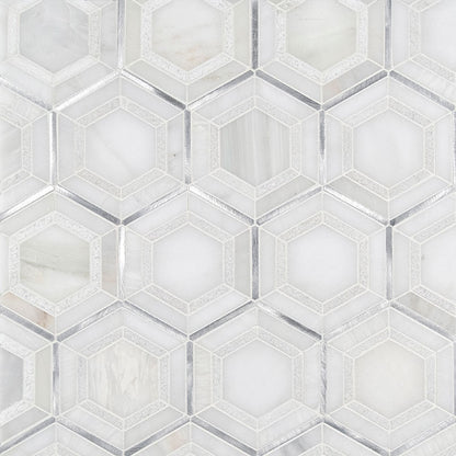 12x12 Medici Hexagon Framed Border Mosaic Metallic-Look Metallic Textured Porcelain & Metal Tile White Silver