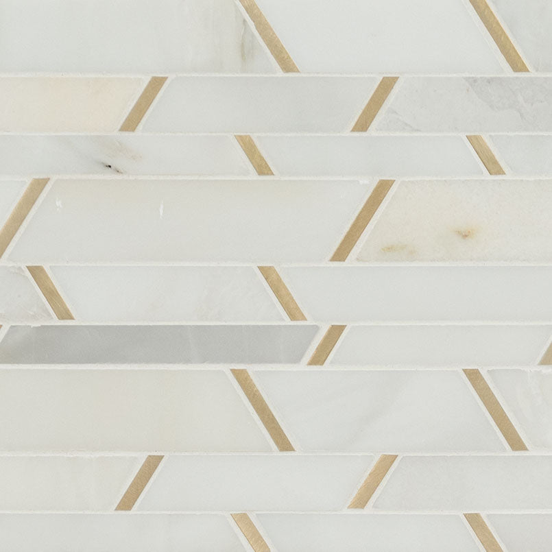 12x12 Metro Linear Mosaic Marble-Look Matte Smooth Porcelain & Metal Tile White Gold