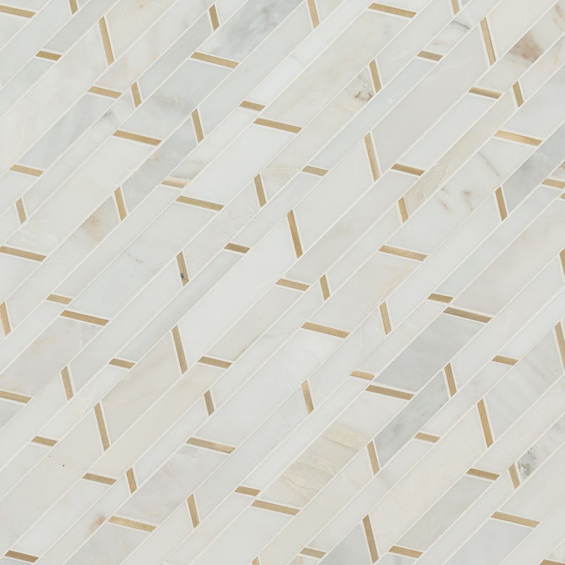 12x12 Metro Linear Mosaic Marble-Look Matte Smooth Porcelain & Metal Tile White Gold