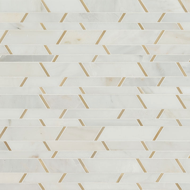 12x12 Metro Linear Mosaic Marble-Look Matte Smooth Porcelain & Metal Tile White Gold