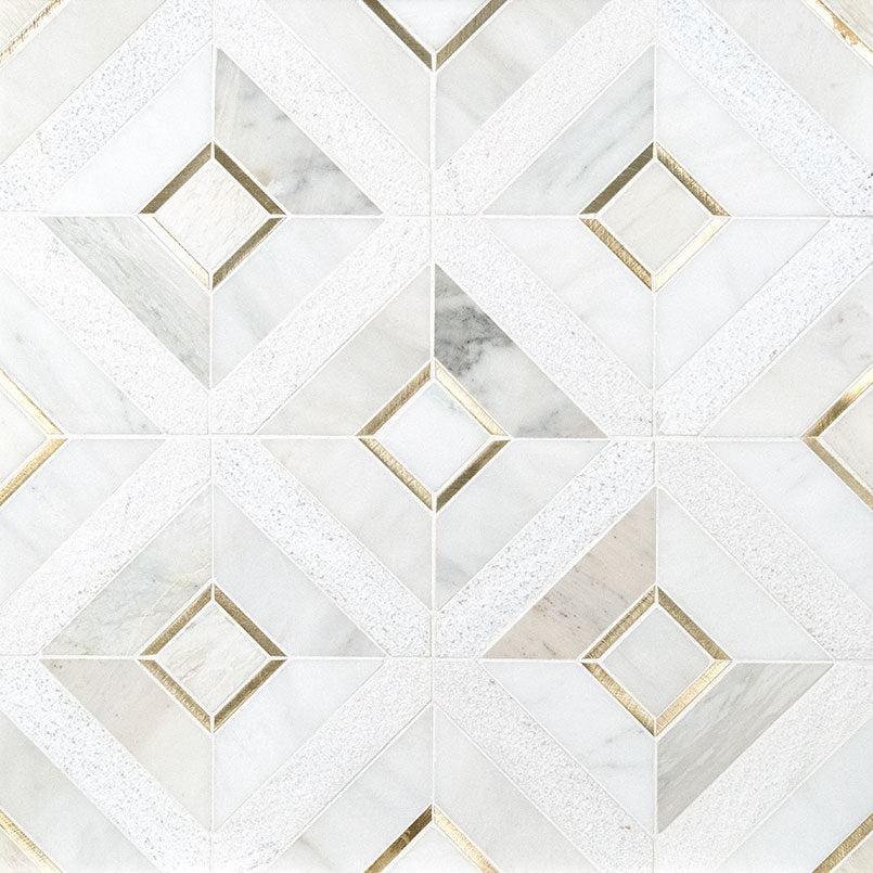 12x12 Verona Framed Mosaic Stone-Look Matte Textured Porcelain & Metal Tile White Gold