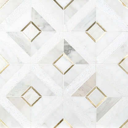 12x12 Verona Framed Mosaic Stone-Look Matte Textured Porcelain & Metal Tile White Gold