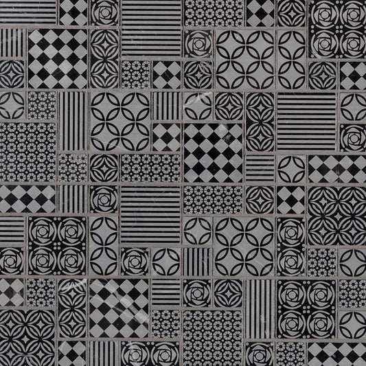 12x12 Tetris Square & Rectangle Patchwork Mosaic Natural-Look Honed Smooth Marble Tile Black Gray